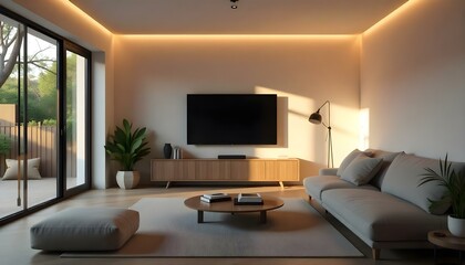 Living room with a large television on a wooden cabinet , a gray sofa, a round table with books and plants, and warm lighting