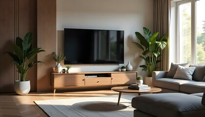 Living room with a large television on a wooden cabinet , a gray sofa, a round table with books and plants, and warm lighting