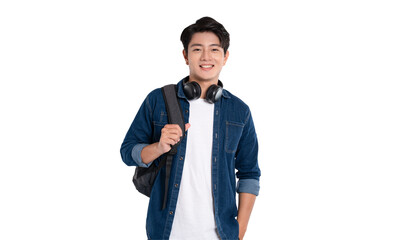 Portrait of Asian male student wearing backpack and headphones posing on PNG background	