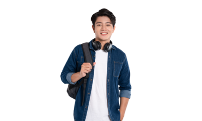 Portrait of Asian male student wearing backpack and headphones posing on PNG background	