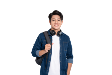 Portrait of Asian male student wearing backpack and headphones posing on PNG background	