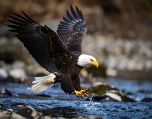 Fototapeta premium Bald Eagle Flying and Fishing