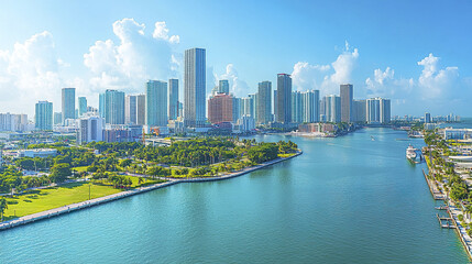 Naklejka premium vibrant city skyline with modern buildings along waterfront, showcasing sunny day