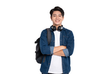 Portrait of Asian male student wearing backpack and headphones posing on PNG background	