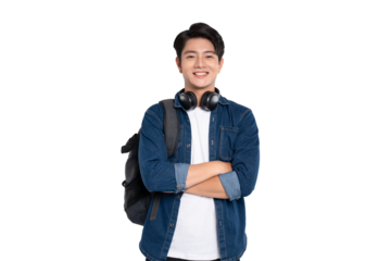 Portrait of Asian male student wearing backpack and headphones posing on PNG background	