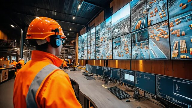 A safety-vested industrial operator monitors multiple wall screens displaying timber yard logistics in a modern control center. Concept of real-time supply chain management and smart industry 4.0.