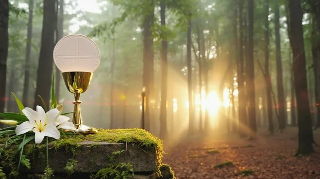 A golden chalice with a white communion host stands on a mossy stone altar amid a misty forest sunrise. Concept of catholic eucharist and spiritual renewal.