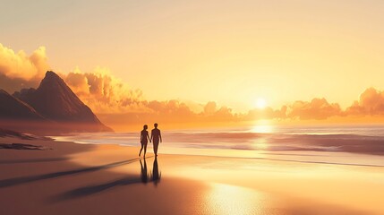 Golden Hour Romance: Couple Walking on Sunset Beach