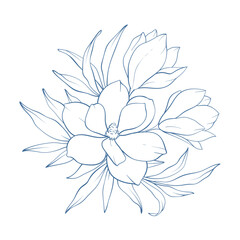 Elegant floral line art bouquet composition. Hand drawn minimalist flowers and leaves in delicate boho style for prints, wall decor, wedding invitations, greeting cards. Vector delicate illustration.