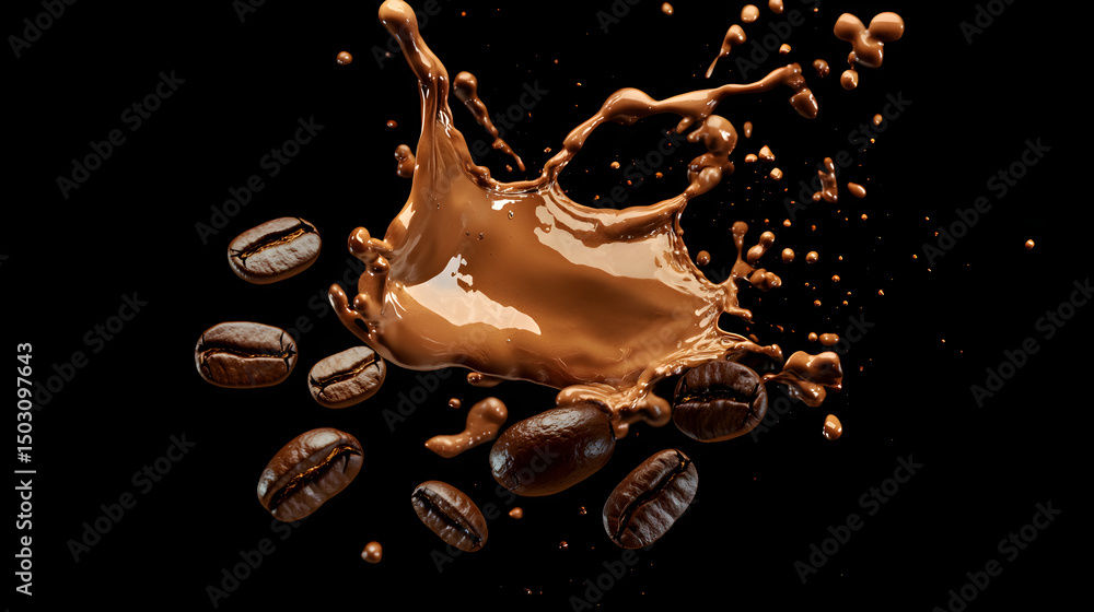 Poster dynamic splash of coffee with beans frozen in motion against a black backdrop