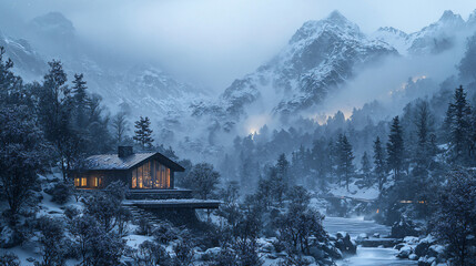 Cozy Cabin in Serene Snowy Landscape Surrounded by Mountains