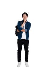 Full body image of young Asian male student using phone and posing on PNG background	