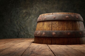 Obraz premium Aged Wooden Barrel on Rustic Table: A Dark, Moody Still Life