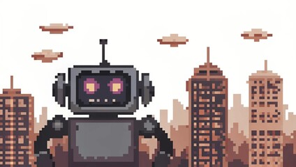 Pixel robot assistant holding a tablet, in a futuristic city background