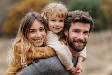 Fototapeta premium Happy Family Portrait: Joyful Child Piggyback, Warm Autumn Mood