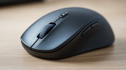 Sleek Black Wireless Computer Mouse on Wooden Desk