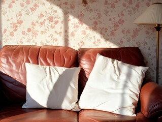 Comfortable red leather sofa with white pillows in sunlight home decor