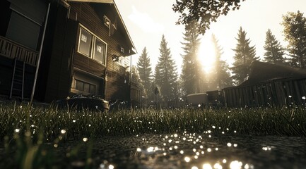 Suburban home, dewy grass, sunrise