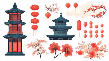Chinese Pagoda, Lanterns, and Cherry Blossoms: Asian Cultural Elements