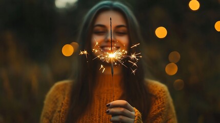 Woman Holding Sparkling Firework at Dusk