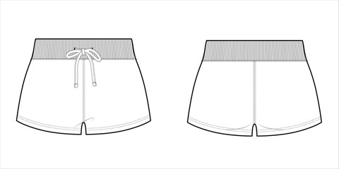 Women's Elastic Waist Shorts With Drawstring- Front and Back View- Flat Vector Illustration- CAD Mock-up 