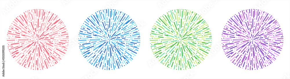 Poster circle salute firework splash burst round radial colorful backgrounds patterns set. lines, tiny dash
