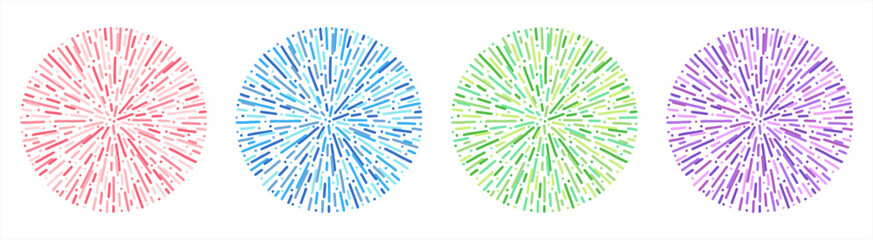 Circle salute firework splash burst round radial colorful backgrounds patterns set. Lines, tiny dashes, doodle multiple stripes dots shape. Abstract graphic design element frame border label template