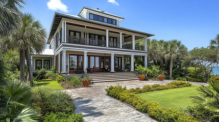 Magnificent waterfront home with ocean views, surrounded by lush greenery and palm trees