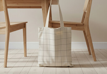 Tote Bag on Wooden Furniture Mockup