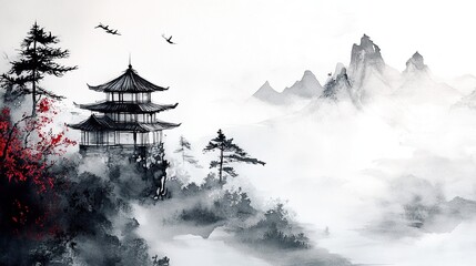 A Japanese ink wash with minimalist watercolor aesthetics.