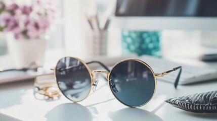 Stylish Round Sunglasses on a Desk Workspace