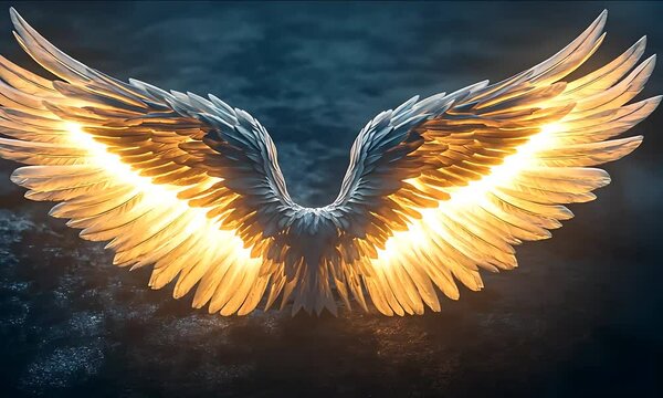 Majestic angel wings illuminated by soft light, soaring above a mystical dark ocean landscape