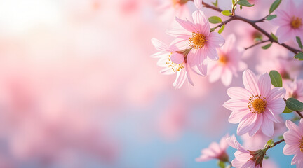 Fototapeta premium Delicate Sunrise Background in Soft Pink & Blue – Symbolizing New Beginnings & Morning Skincare Rituals (with Copy Space) 