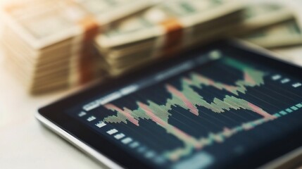 Financial Market Data Displayed on Tablet with Cash in Background