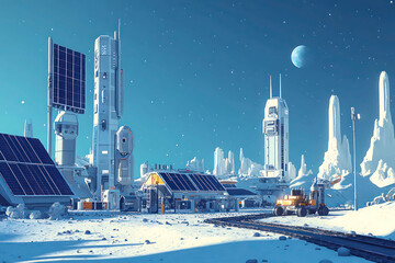 Lunar base station with solar panels and rovers under a clear sky