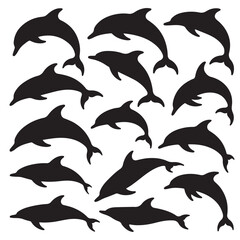 Naklejka premium set vector various Dolphin Silhouettes Leaping and Swimming, Outline Dolphins Jumping and Swimming Collection