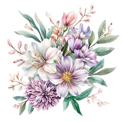 Watercolor illustration of pink peonies and purple dahlias with green leaves isolated on transparent background