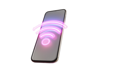 A set of photorealistic 3D images featuring smartphones with vibrant blue Wi-Fi signals radiating upward symbolizing digital connectivity isolated on a transparent background