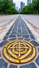 Geometric Stone Pathway in Urban City Setting with Skyline View