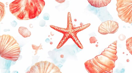 Watercolor Seashells and Starfish Summer Pattern