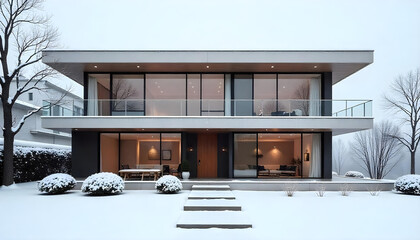 Modern minimalist flat exterior with large glass windows, neutral tones, and clean lines under a clear blue sky