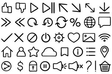 This collection presents versatile line icons representing media, communication, and technology themes