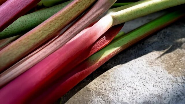 Freshly harvested rhubarb stalks displaying vibrant pink and green colors on a concrete surface in bright daylight.