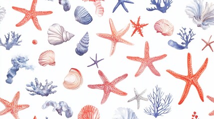 Sea Star and Seashell Watercolor Seamless Pattern