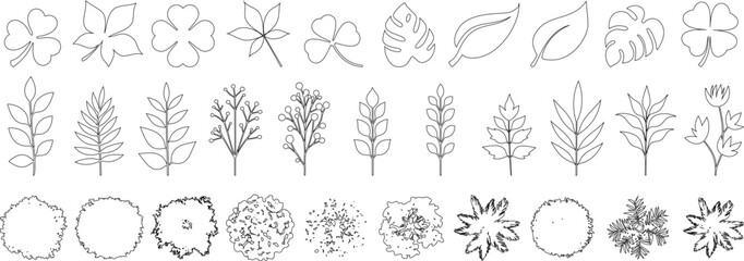 Leaf outline, tree top, and foliage icon set ideal for botanical design, landscaping plans, or nature illustration. hand drawn leaf shapes, top view shrubs, and floral vector graphics.