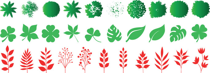Leaf silhouette vector set featuring green and red plant shapes, including clover, palm, monstera, and bush top views. Perfect for botanical design, eco projects, and nature themed illustrations