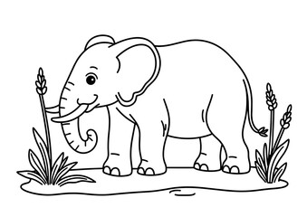 Fototapeta premium Elephant standing among grass in a conceptual coloring page 