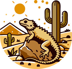 Retro Style Desert Lizard Vector Illustration with Cactus and Rock in Arid Landscape