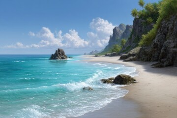 Fototapeta premium Serene Coastal Cliffs: A Tropical Beachscape Painting