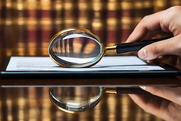 Hand holding a magnifying glass over a tablet screen displaying an academic document, symbolizing research and review